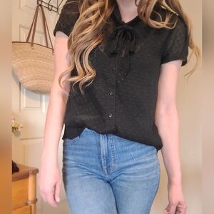 H&M Divided Cute Black Polka Dot Button Up Puff Sleeve Office Sheer Top Size 8